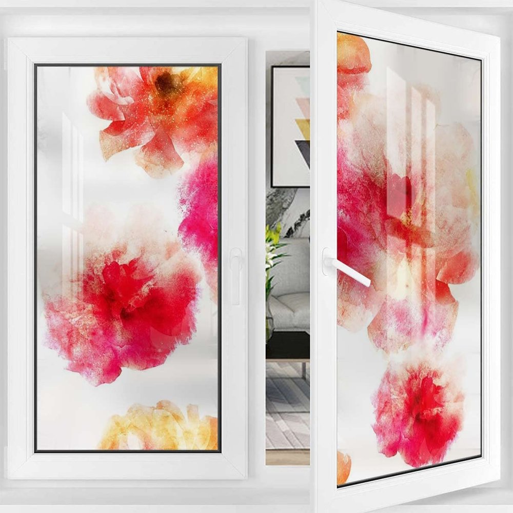 Pink White Static Cling Frosted Window Glass Door Film Petals Flower Little Red Spring Sun Light Blocking Window Tint Film for Home Romantic Floral 35.4Wx78.7L-inch x2 Pcs
