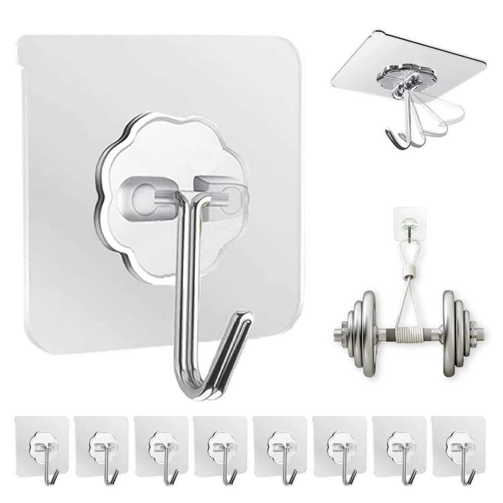 DDMY Adhesive Wall Hooks Clear 50lb(Max) Heavy Duty Hanging Sticky-10 Pack