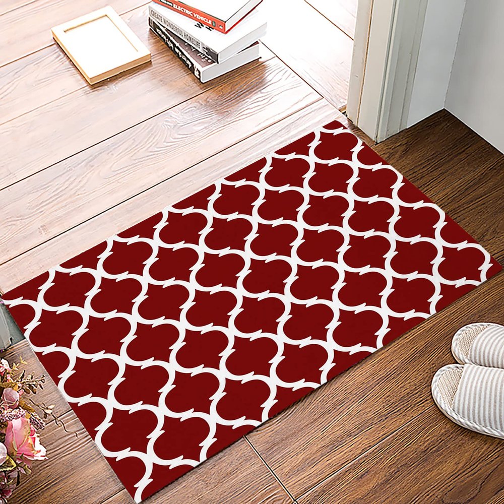 Red Morocco Doormat Kitchen Bathroom Rug Floor Door Mat,Modern Abstract Geometric White Plaid Non Slid Indoor Entrance Mat,Absorbent Washable Welcome Entry Way Accent Throw Runner Carpet,18"x30"