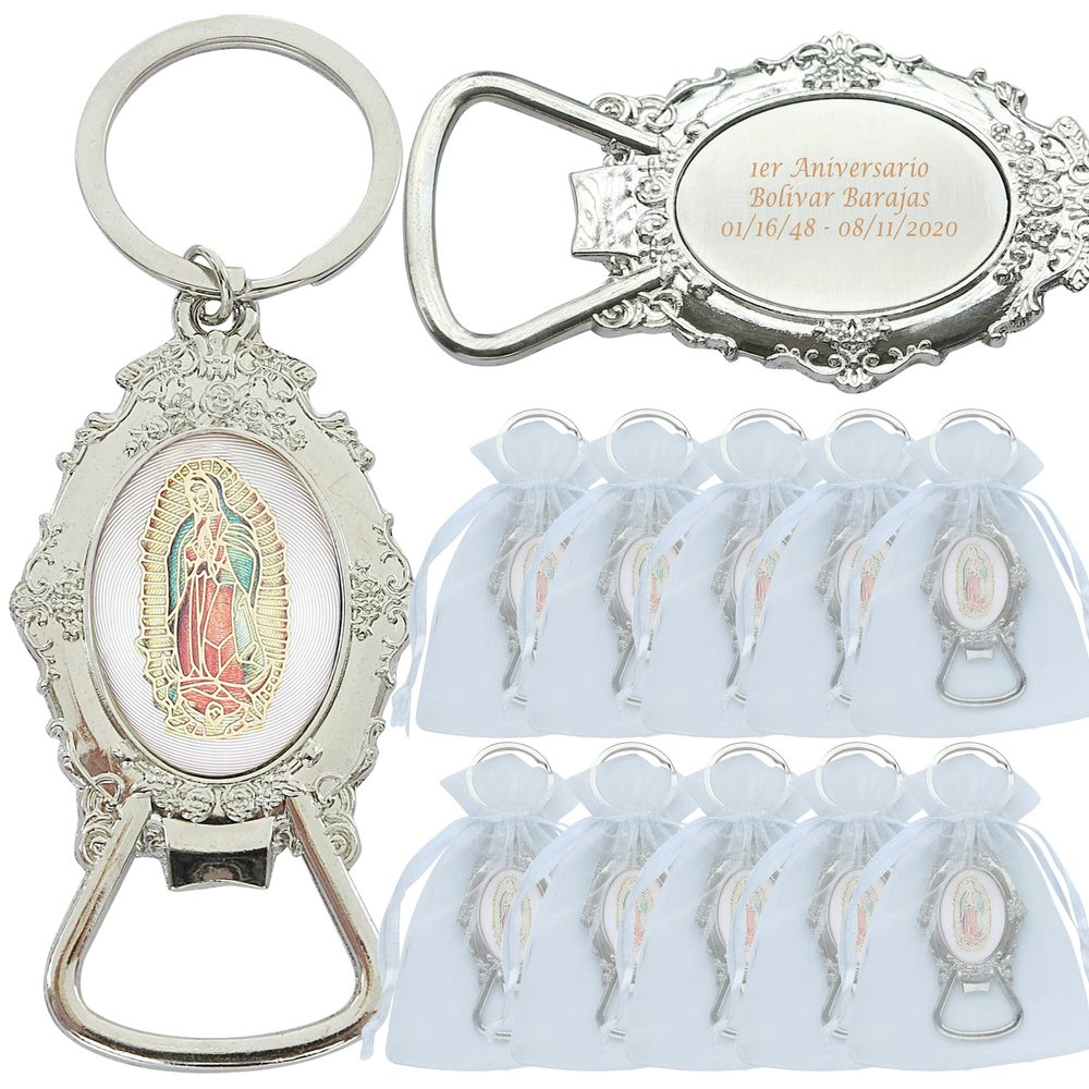 12 Pcs Our Lady of Guadalupe Bottle Opener Keychain Party Baptism Favors Engraved Key ring gift for First communon