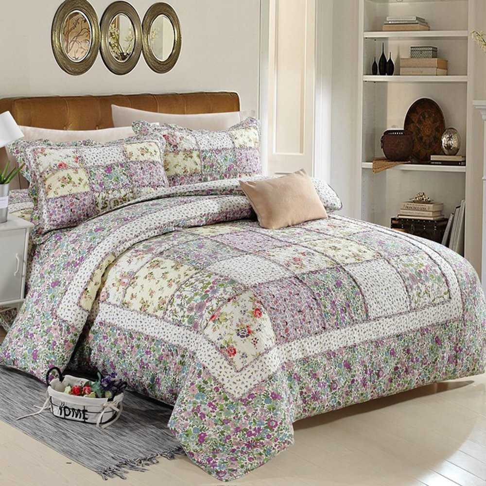 XXRBB Patchwork Bedspread Quilted Floral Pattern Microfiber Coverlet Set with 2 Pillow Shams, 230X250 Cm (Double/King),Purple