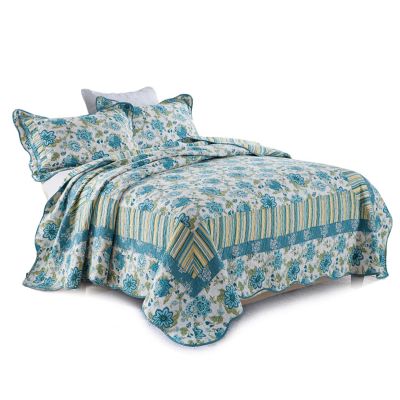 XXRBB 3-Piece Patchwork Quilted Bedspread King Size 230 * 250 Cm, Soft Microfiber Floral Pattern Coverlet Set with 2 Pillow Shams, for All Season,Blue