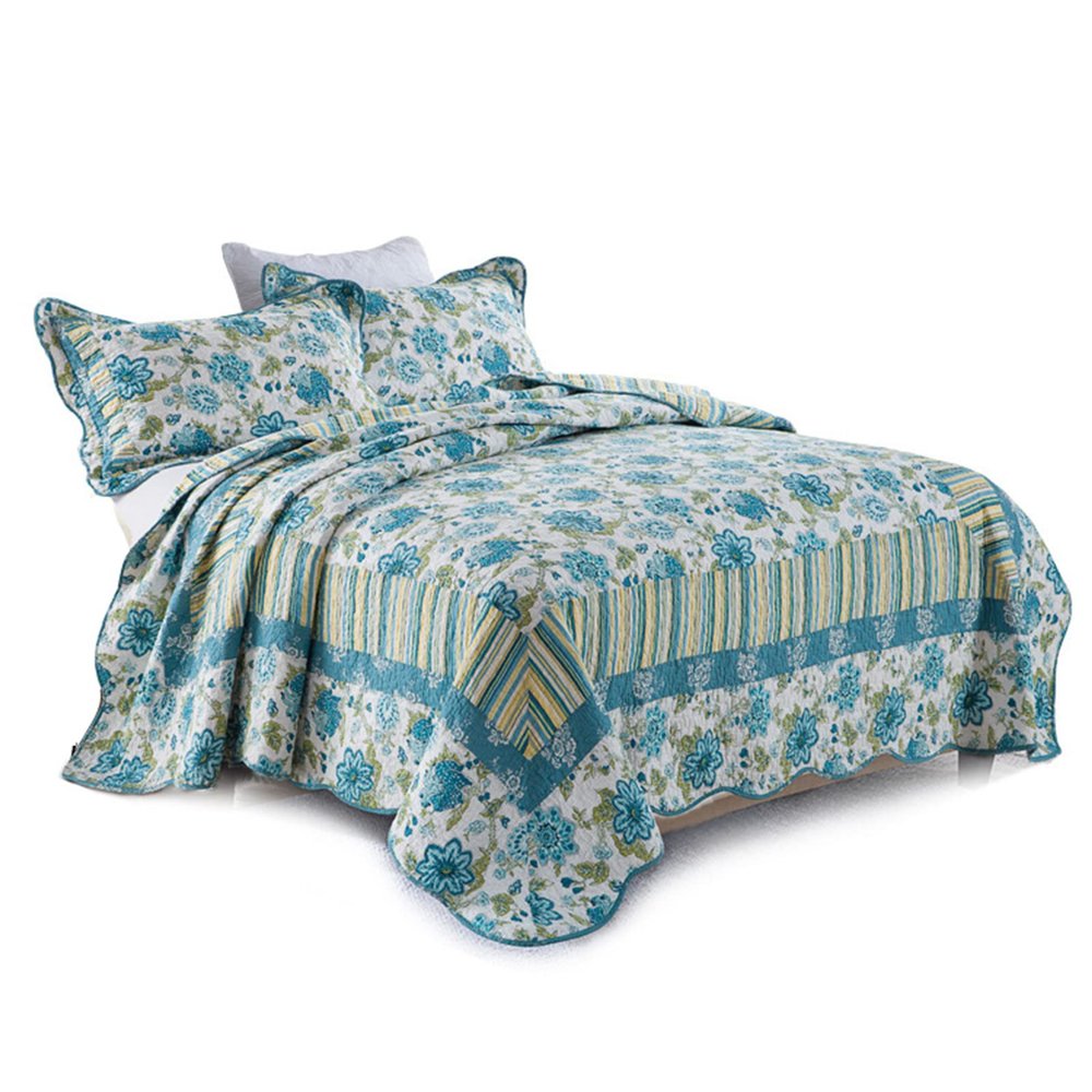 XXRBB 3-Piece Patchwork Quilted Bedspread King Size 230 * 250 Cm, Soft Microfiber Floral Pattern Coverlet Set with 2 Pillow Shams, for All Season,Blue