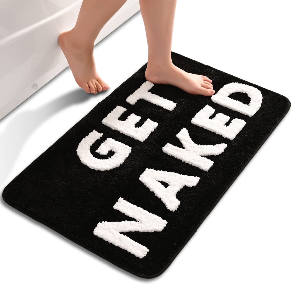 QJHOMO Get Naked Bath Mat Cute Black and White Bathroom Rugs Funny Non Slip Bathtub Decor Mats Super Absorbent Floor Carpet Machine Washable Bahtmat for Tub, Shower, Bedroom (20x32 inch)