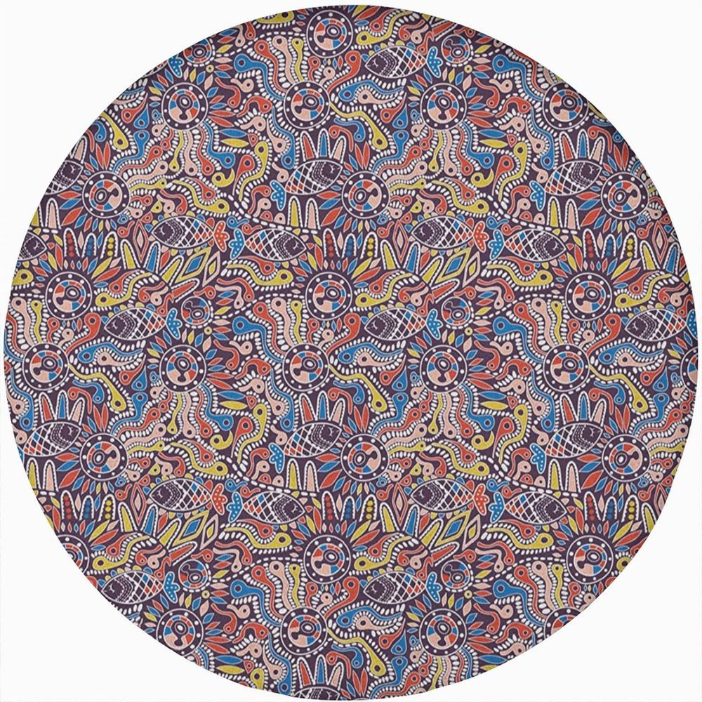 Abstract Round Fitted Tablecloth,Tribal Mosaic Style Snakes Fishes Boho Gypsies Print Elastic Edged Polyester Table Pad, Small, Fit Round Tables up 40"-44" Diameter, for Christmas Party Dining Banquet