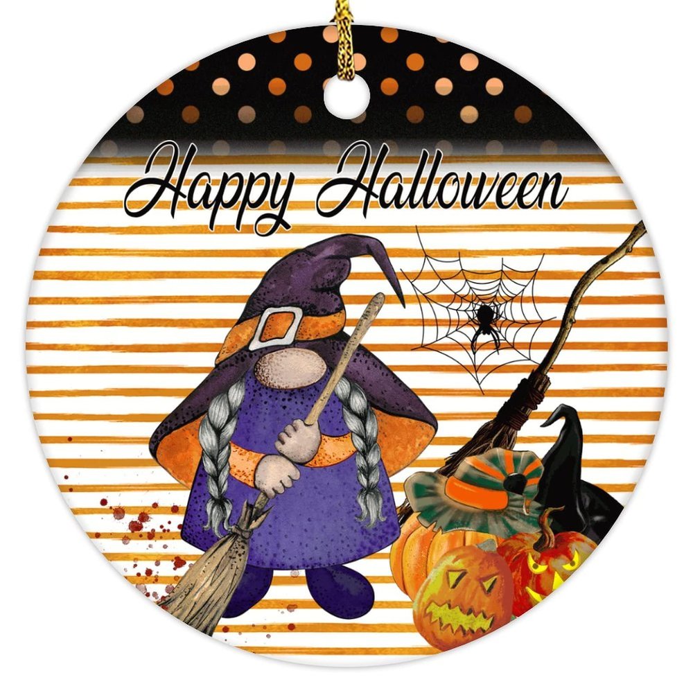 2022 Halloween Ornaments 3 Inch Gnome Pumpkin Ceramic Ornament Witch Hat Orange Polka Dots Stripe Night Before Christmas Tree Hanging Ornament Two Sides Printed Gothic Halloween Keepsake Gift