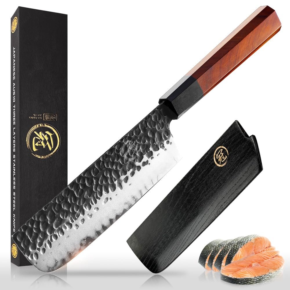 7 Inch Nakiri Chef Knife AUS10 3-layer High Carbon Stainless Steel Vegetable Kitchen Knife, Hand Forged Professional Sharp Multipurpose Nakiri Knife(Rosewood Handle & Gift Box)