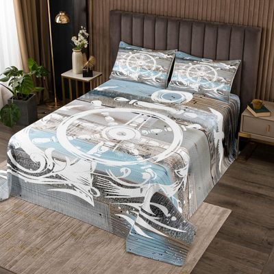 Erosebridal Nautical Anchor Bedspread, Ocean Compass Quilted Queen Size for Kids Boys Teens Adult Bedroom, Old Barn Door Coverlet Set Rustic Farmhouse Bedspread Quilt Set with 2 Pillow Cases