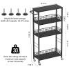 Slim Storage Cart 4 Tier Rolling Kitchen Cart Utility Serving Cart Laundry Room Narrow Cart with Handle Mobile Sheving Unit Organizer Wood Rolling Storage Cart for Bathroom Small Spaces, Modern Black view 2