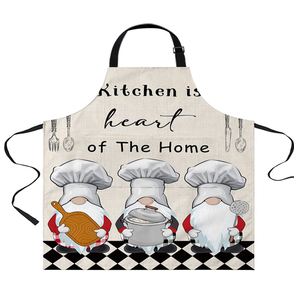 Cute Chef Cook Waterproof Apron With Pockets,Funny Gnomes Baker Black White Checkered Plaid Kitchen Chefs Bib Cooking BBQ Grill Bake Adjustable Aprons for Women/Kids Garden Grooming Painting Gardening