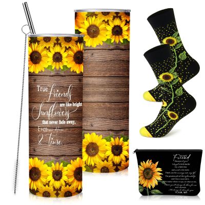 Sieral 3 Pcs Sunflower Gifts for Women 20oz Sunflower Tumbler with Lid and Straw, Makeup Bag and Crew Socks Sun Flower Gifts for Girls Sister Daughter Friend Xmas Birthday