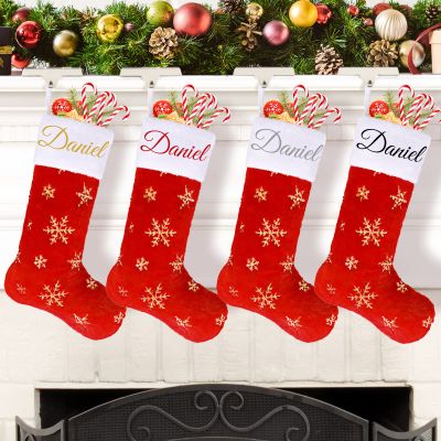 Amidaky Christmas Stockings Personalized Red Faux Fur Christmas Stockings Customized with Names 6 Pack Bulk Gold and Silver Snowflake Embroidered for Family Holiday Xmas Party Decorations