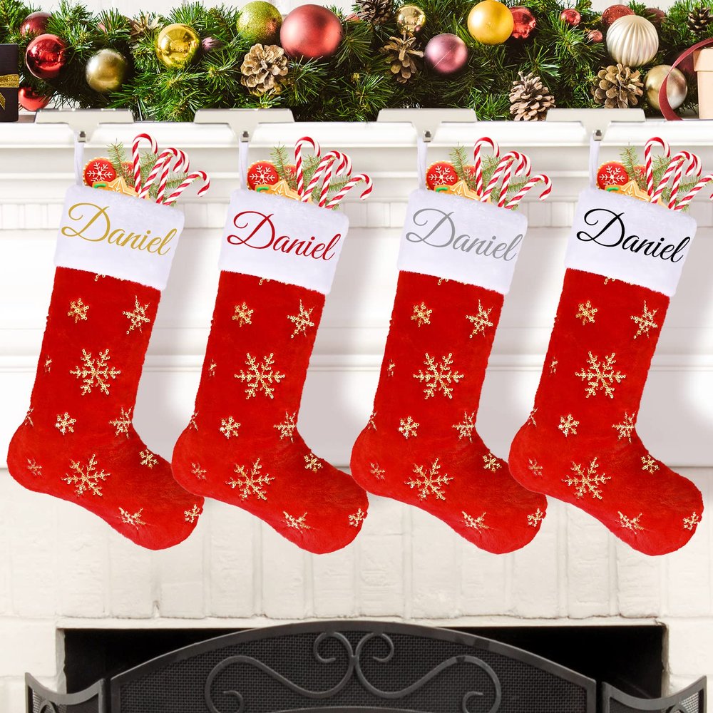Amidaky Christmas Stockings Personalized Red Faux Fur Christmas Stockings Customized with Names 6 Pack Bulk Gold and Silver Snowflake Embroidered for Family Holiday Xmas Party Decorations