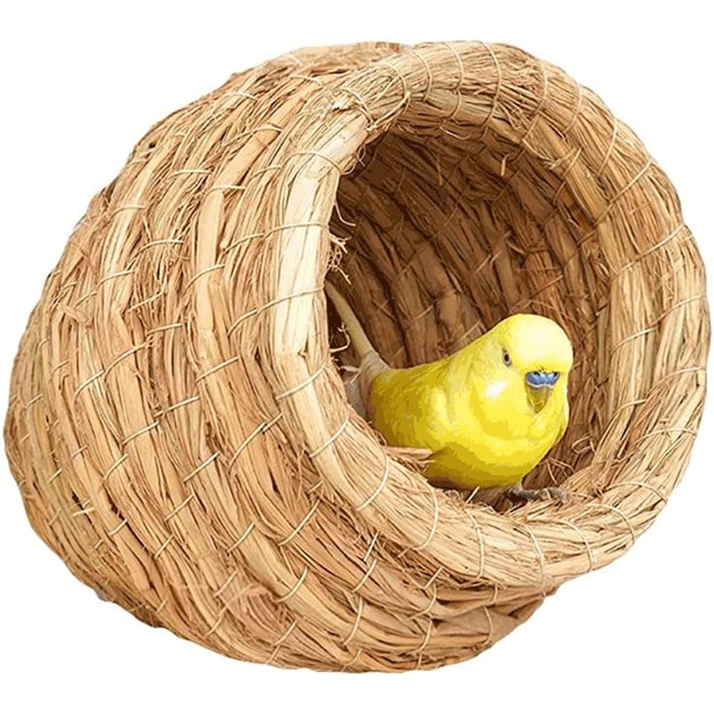 Bird Cage Straw Bird's Nest, Parakeet Perch Hideaway Shelter Hut, Keep Warm in Winter Bird Cage, Brown Hanging Bell Toys Portable