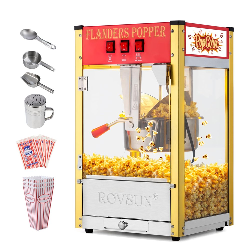 Bonnlo Movie Theater Style Popcorn Machine with 8 Ounce Kettle Makes Up to 32 Cups, Countertop Popcorn Maker with Stainless Steel Popcorn Scoop, Oil Spoon & 3 Popcorn Cups for Commercial Home, Red