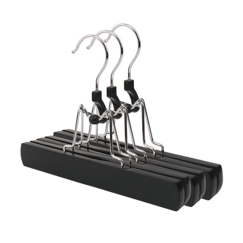10PCS Multifunction Hotel Neat Wardrobe Skirt Hanger Wooden No Trace Clip Type Storage Drying Rack Trouser Clothes Hanger (10PCS/Black)