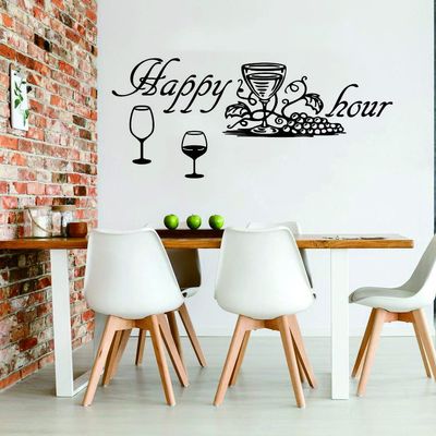 ANFRJJI Wine Bottle & Glass Wall Decals with Quotes Removable PVC Stickers for Dining Room, Kitchen, Bar, or Party Decor Wine Lover Gift & Happy Hour Wall Art Decoration (Black-JWH332-Happy time)