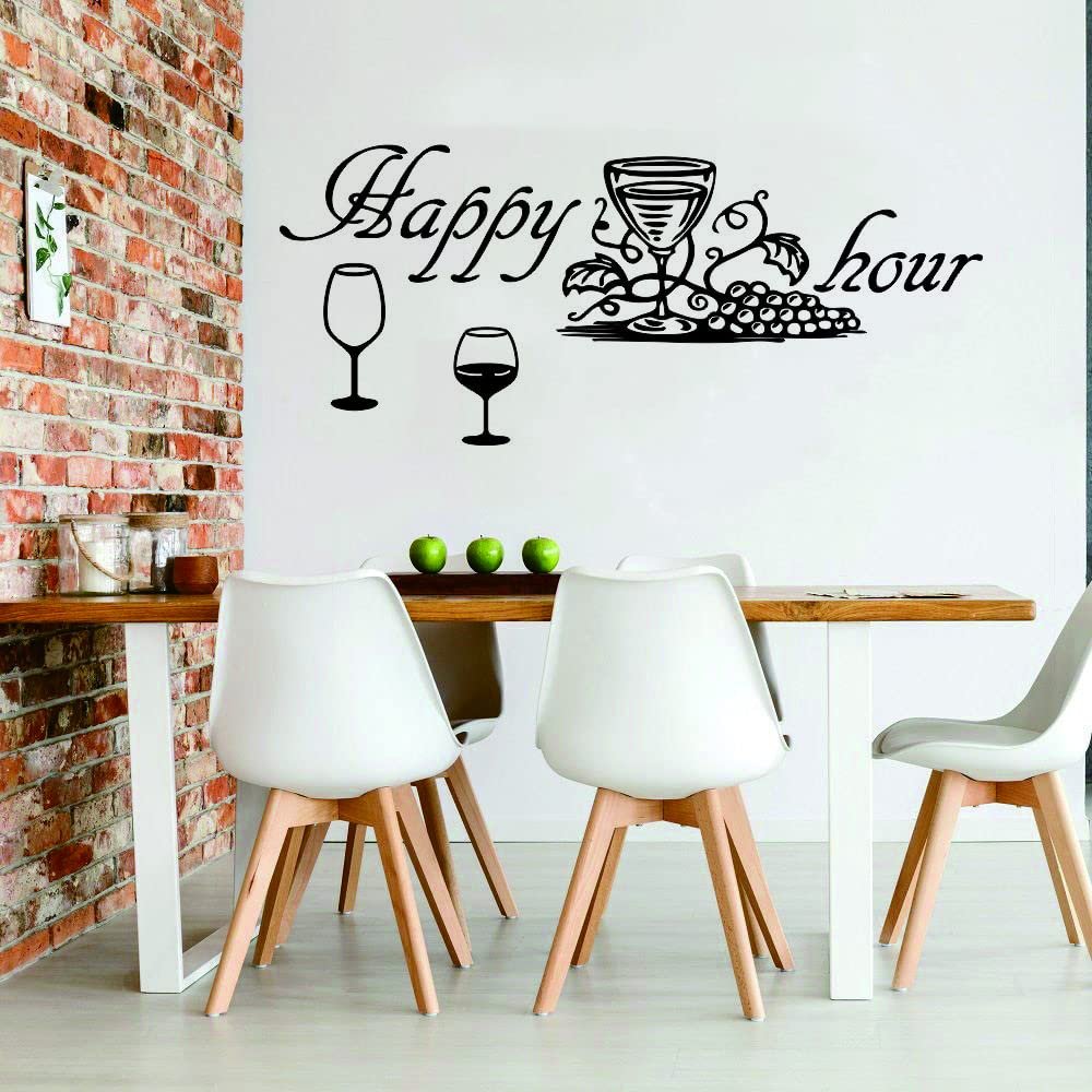 ANFRJJI Wine Bottle & Glass Wall Decals with Quotes Removable PVC Stickers for Dining Room, Kitchen, Bar, or Party Decor Wine Lover Gift & Happy Hour Wall Art Decoration (Black-JWH332-Happy time)