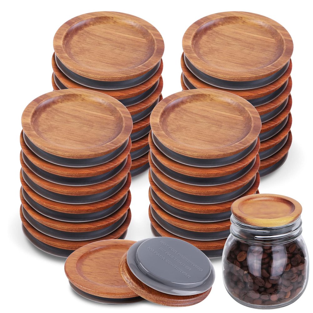 24Pack Regular Mouth Mason Jar Lids - Acacia Wooden Storage Canning Jar Lids with Airtight Silicone Seal