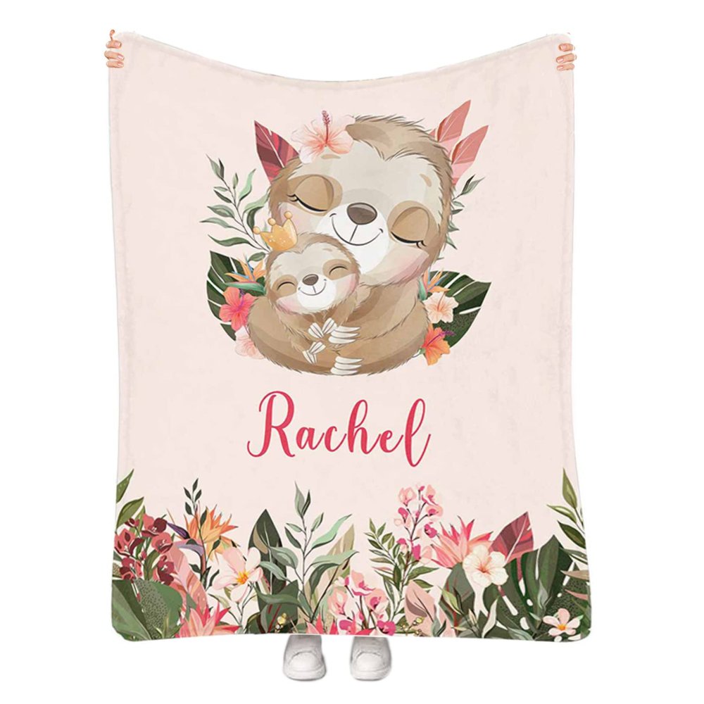 Custom Baby Blanket with Name Text, Personalized Cute Sloths Super Soft Fleece Throw Blanket for Couch Sofa Bed, Customized Baby Shower Birthday for Boys Girls 60"x80"