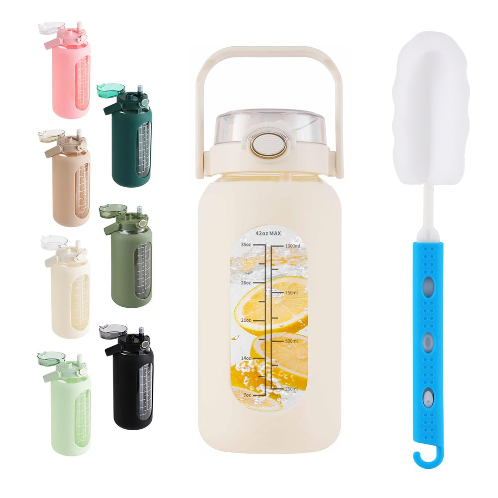 SIEROZUR 42oz Glass Water Bottle with 2-in-1 Straw Lid Large Half Gallon Water Bottle with Time Marker & Removable Silicone Sleeve,Wide Mouth BPA-Free Borosilicate Bottle for Gym, Workout & Daily Use