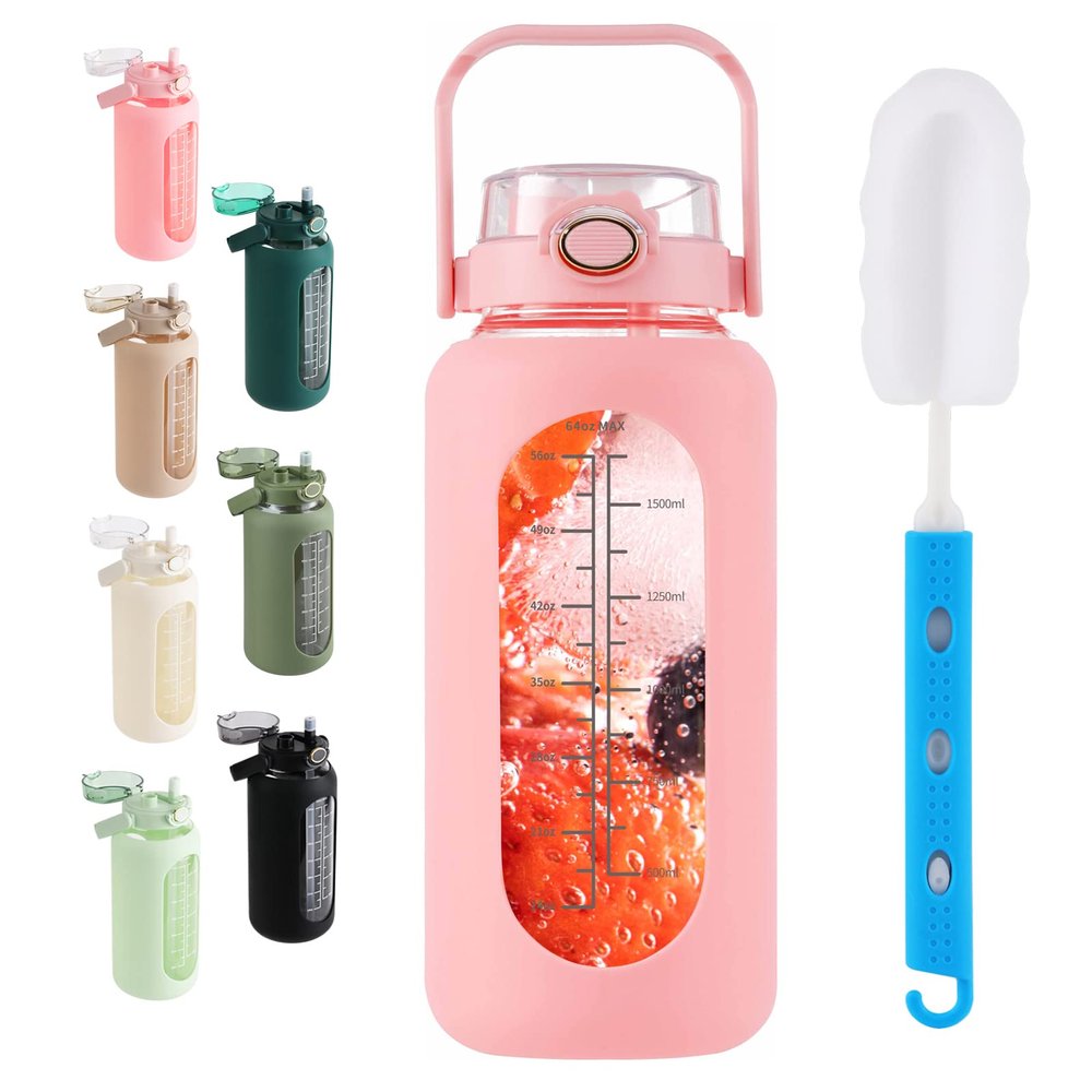 SIEROZUR 64oz Glass Water Bottle with 2-in-1 Straw Lid Large Half Gallon Water Bottle with Time Marker & Removable Silicone Sleeve,Wide Mouth BPA-Free Borosilicate Bottle for Gym, Workout & Daily Use