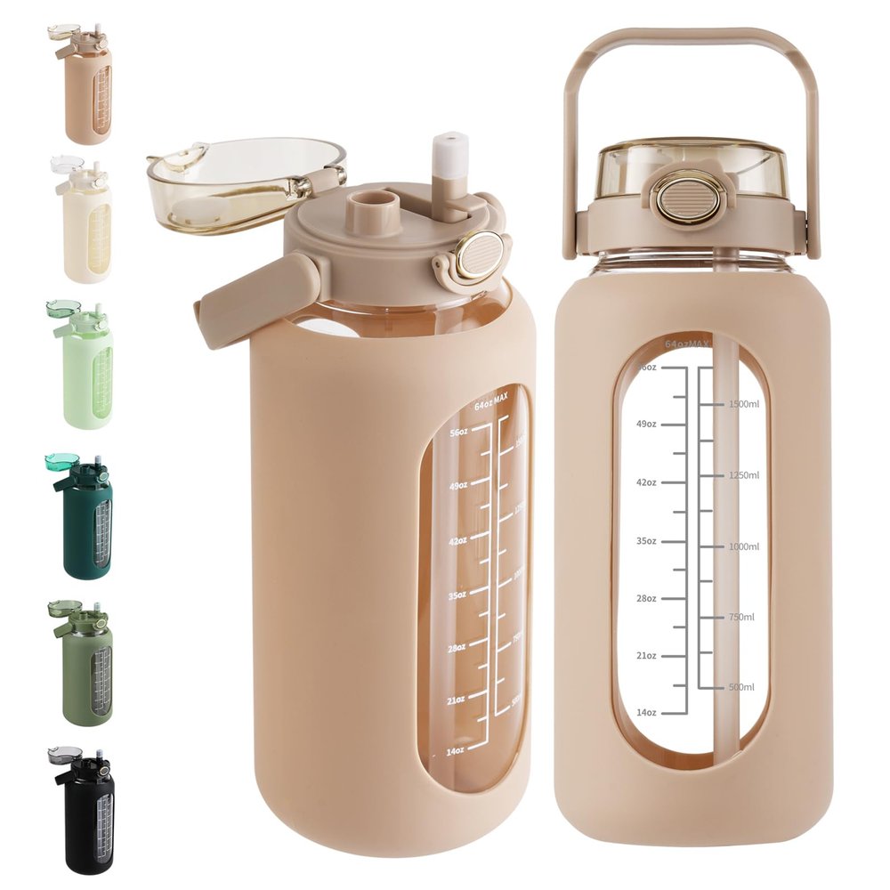 64oz Glass Water Bottle with Straw and Handle Lid Half Gallon Motivational Water Bottle with Silicone Sleeve and Time Marker Large Reusable Sports Water Jug for Gym Home Workout