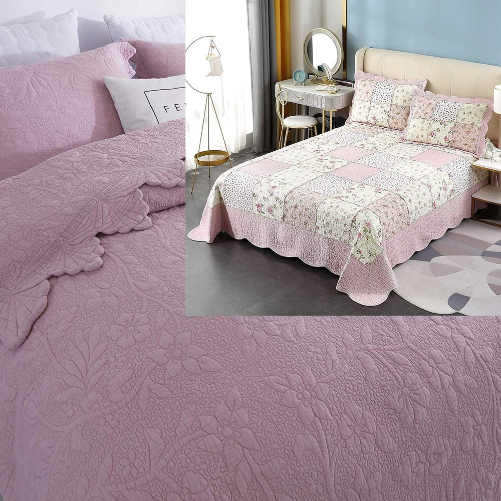 Brandream 6PC Scalloped Farmhouse Quilt Bedding Set Cotton Comforter Set Queen Size Bedspreads Quilt Set
