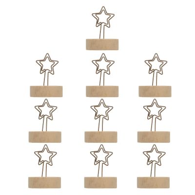 Beufee 10PCS Number Holder, Star Shaped Iron Wire Photo Clip Table Sign Stand Number Holder Wooden Base Place Card Holder, Stable Card Picture Memo Note Photo Picks Clip Stand for Christmas Party