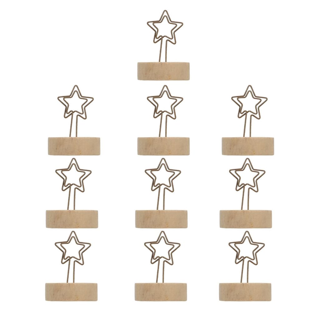 Beufee 10PCS Number Holder, Star Shaped Iron Wire Photo Clip Table Sign Stand Number Holder Wooden Base Place Card Holder, Stable Card Picture Memo Note Photo Picks Clip Stand for Christmas Party