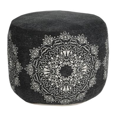 LR Home Black/Ivory Medallion Cotton Ottoman Pouf for Home Decor | Hand-Made Classic Foot Rest for Bedroom & Living Room Decor | 18 x 18 x 14 Stuffed Pouf for Seating