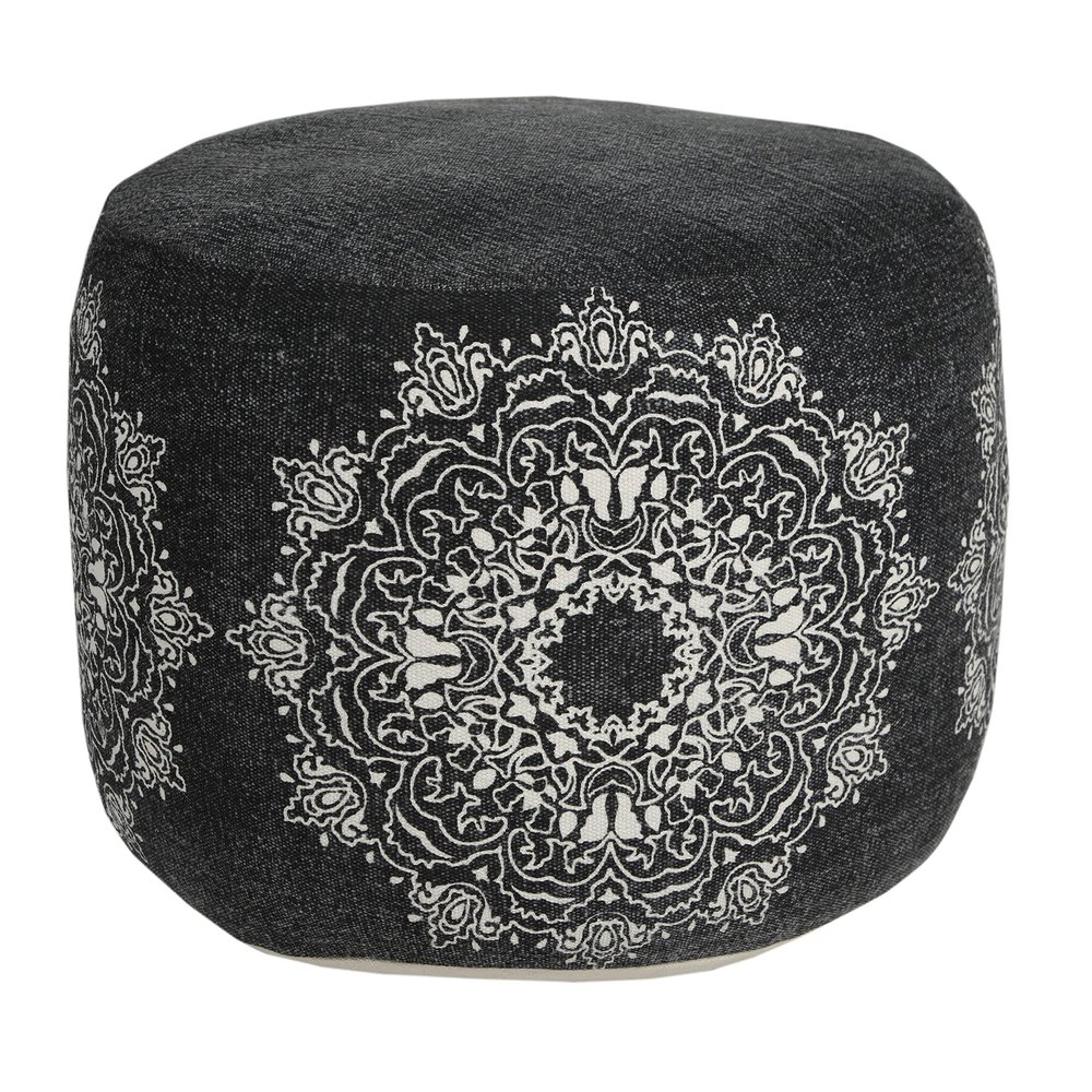 LR Home Black/Ivory Medallion Cotton Ottoman Pouf for Home Decor | Hand-Made Classic Foot Rest for Bedroom & Living Room Decor | 18 x 18 x 14 Stuffed Pouf for Seating