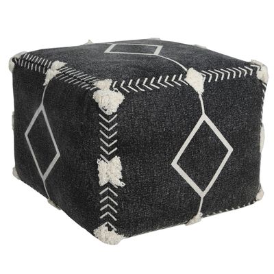 LR Home Black Geometric Cotton Ottoman Pouf for Home Decor | Hand-Made Modern Foot Rest for Bedroom & Living Room Decor | 18 x 18 x 14 Stuffed Pouf for Seating