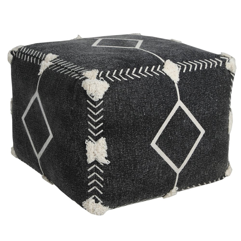 LR Home Black Geometric Cotton Ottoman Pouf for Home Decor | Hand-Made Modern Foot Rest for Bedroom & Living Room Decor | 18 x 18 x 14 Stuffed Pouf for Seating