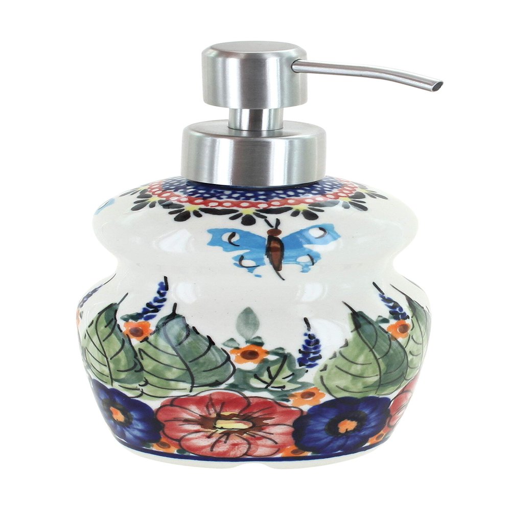 Blue Rose Polish Pottery - Red Floral Butterfly Soap Dispenser - 6.75" Tall - Perfect for Vanity, Sink or Bathroom Dcor