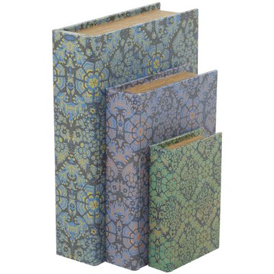 Deco 79 Canvas Decorative Box Faux Storage Book Book Shaped Boxes with Green and Yellow Floral Patterns, Set of 3 Decorative Keepsake Boxes 12", 9", 6"H, Blue