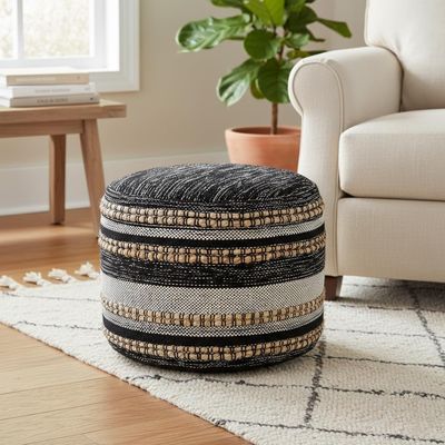 LR Home Black/Cream Striped Cotton Blend Ottoman Pouf for Home Decor | Hand-Made Modern Foot Rest for Bedroom & Living Room Decor | 18 x 18 x 14 Stuffed Pouf for Seating