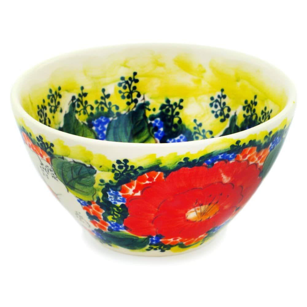 Polmedia Polish Pottery Bowl 5-inch UNIKAT - Red'n'White Classic Pattern Handmade in Boleslawiec Poland + Certificate of Authenticity