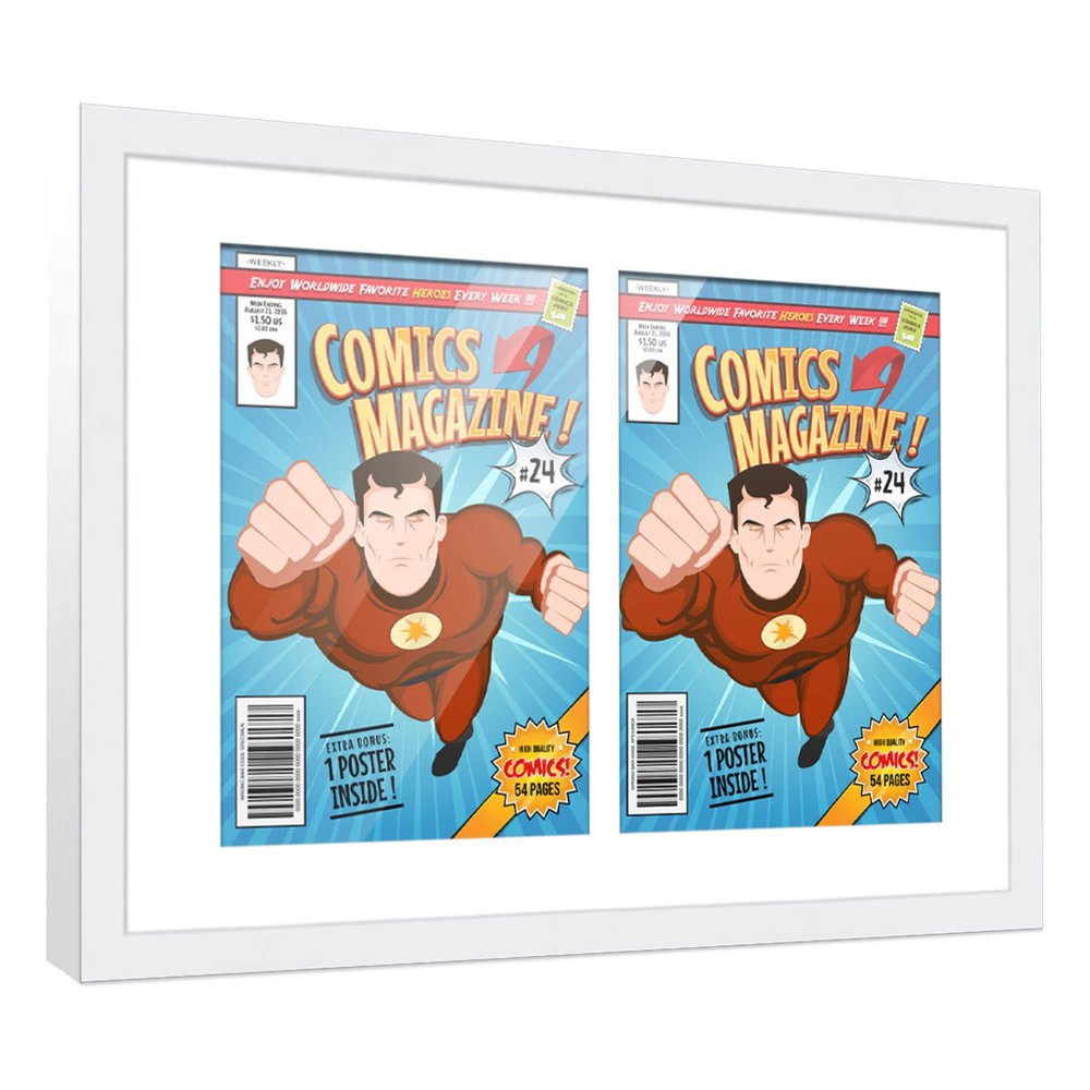 Poster Palooza Comic Book Frame Wall Display with Mat for 2 Bronze Age Comics Published Between 1970 and 1985 - White Comic Frame for 7.25x10.5 Comics