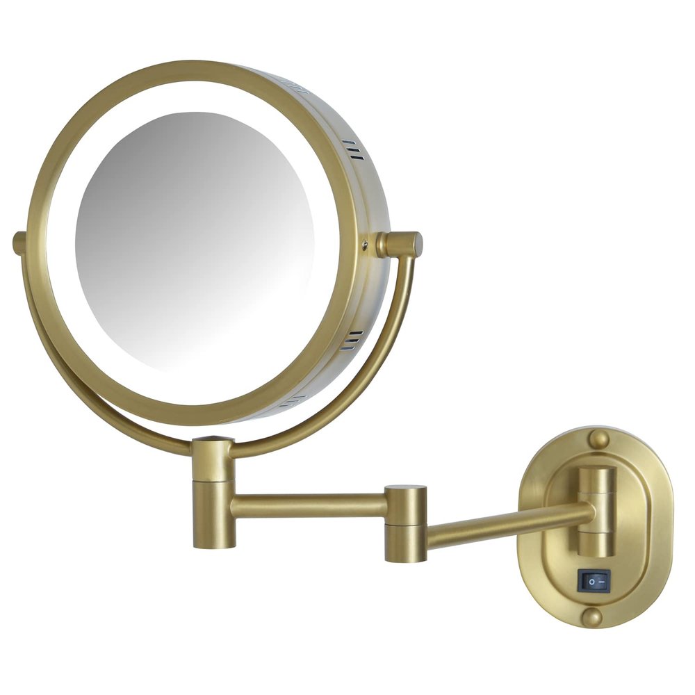JERDON Wall-Mounted Makeup Mirror with 5X Magnification - Gold Makeup Mirror with LED Lights - Direct Wire - Model HL65BGD