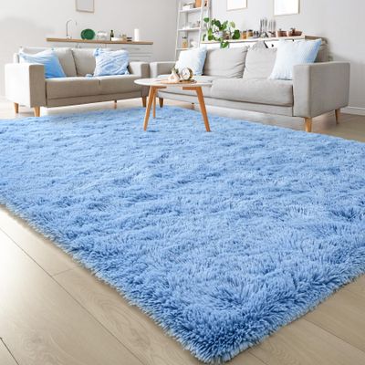 Keeko Fluffy Blue Area Rugs for Bedroom Kids Room, Cute Shag Fuzzy Baby Rugs Living Room Soft Furry Large Bedroom Carpet Indoor Bedside Rug for Teen Boys Girls Nursery Dorm Decor, 5.3x7.5