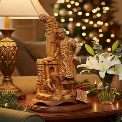 Bethlehem Handicrafts St. Joseph The Carpenter with Jesus Playing Sculpture, 14.2" Holy Land Olive Wood Carving