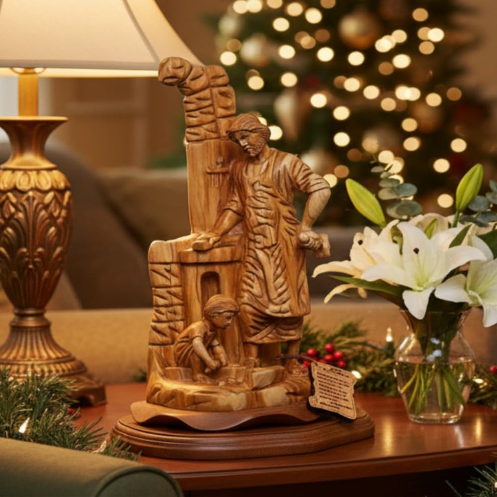 Bethlehem Handicrafts St. Joseph The Carpenter with Jesus Playing Sculpture, 14.2" Holy Land Olive Wood Carving