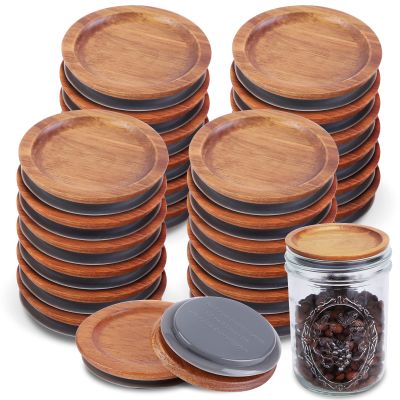24Pack Wide Mouth Mason Jar Lids Acacia Wooden Storage Canning Jar Lids Ball Jars Bamboo Wooden Lids with Airtight Silicone Seal Ball Wooden Lids for Mason Jars, Brown