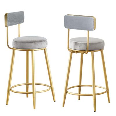 Barstools Set of 2 26" Velvet Fabric Counter Height Stools for Kitchen Modern Island Bar Chairs Upholstered Bar Chairs with Back and Footrest-Grey