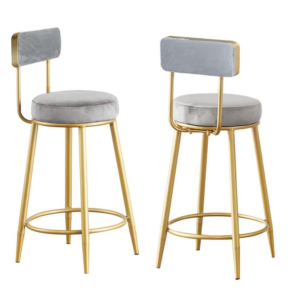Barstools Set of 2 26" Velvet Fabric Counter Height Stools for Kitchen Modern Island Bar Chairs Upholstered Bar Chairs with Back and Footrest-Grey