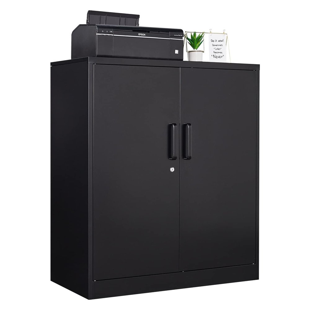 PEUKC Metal Storage Cabinet with Lock, 36" Small Steel Locker Storage Cabinets, 2 Adjustable Shelves 2 Doors for Home, Office, Garage and Kitchen (Black)