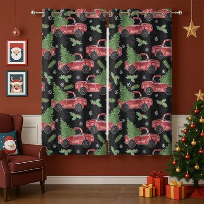 Czrouz Christmas Blackout Curtains for Girls Boy Home Decor, Winter Xmas Red Truck Pine Tree Snowflake Grommet Thermal Insulated Drapes Darkening Window Curtain for Bedroom Living Room, 42 x 63 Inch