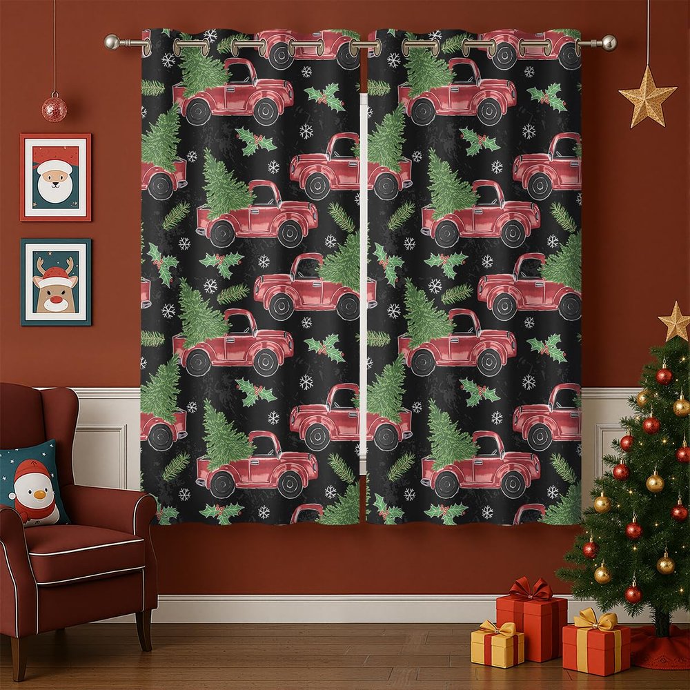 Czrouz Christmas Blackout Curtains for Girls Boy Home Decor, Winter Xmas Red Truck Pine Tree Snowflake Grommet Thermal Insulated Drapes Darkening Window Curtain for Bedroom Living Room, 42 x 63 Inch