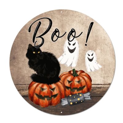 Bomehhjuli Welcome Sign for Front Porch Halloween Boo Pumpkin Ghost Round Tin Sign Cat Metal Wall Hocus Pocus Weatherproof 9.2in Antique Decoration Sign for Garage People Cave Shop Bar
